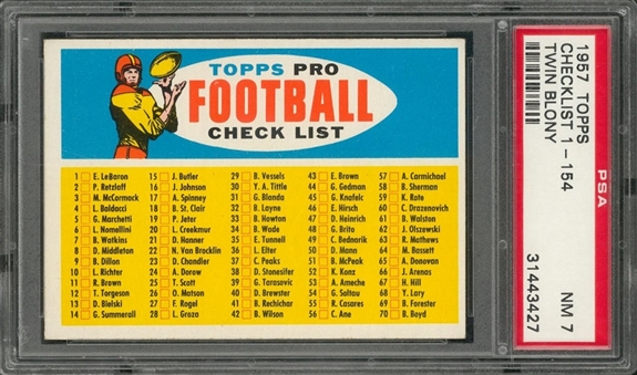 1957 Topps Football Checklist SP (Twin Blony) – PSA NM 7